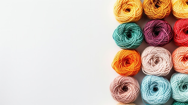 Photo a vibrant arrangement of colorful yarn rolls is displayed in a grid on a white background offering ample space for additional design elements or text generative ai