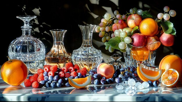 Photo a vibrant arrangement of fresh fruits and elegant glassware on a marble table