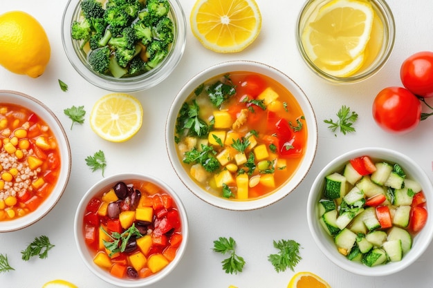 A vibrant arrangement of fresh salads soups and garnishes showcasing healthy ingredients