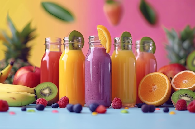 A vibrant arrangement of fruit smoothies and juices in glass bottles on a blue tabletop with fresh fruit including bananas kiwis raspberries and oranges Generative AI