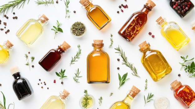 Photo a vibrant arrangement of healthy oils and vinegars in jars and bottles on a clean white background