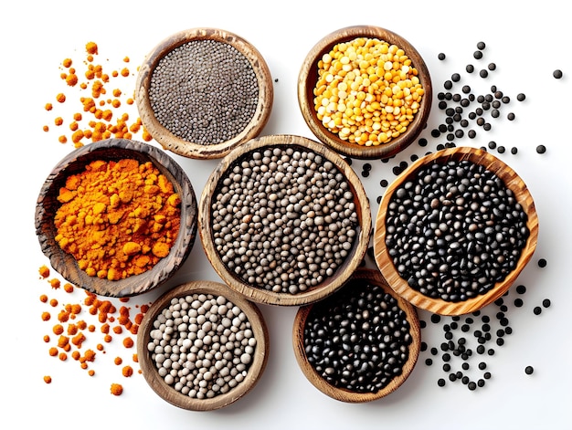 A vibrant arrangement of spices and seeds in wooden bowls on a white background