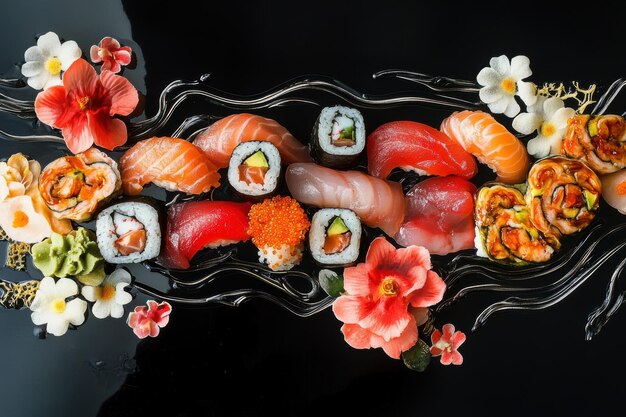 Photo a vibrant arrangement of sushi and garnishes on a black plate showcasing culinary artistry