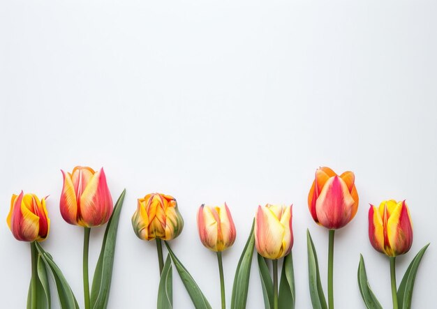 Photo a vibrant arrangement of tulips in various colors on a light gray background showcasing their beauty and diversity