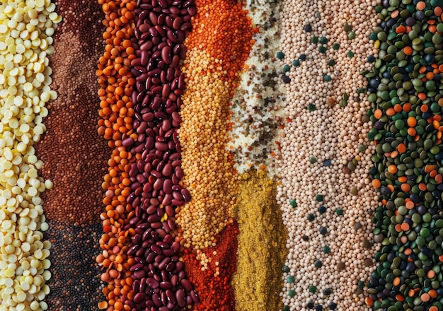 A vibrant arrangement of various dried legumes and spices in rows displaying diverse colors and textures