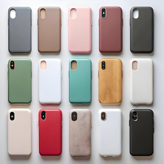 A vibrant array of 16 phone cases each showcasing a unique color and texture