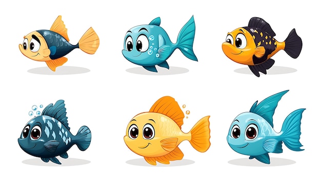 Photo a vibrant array of cartoon fish in various swimming poses great for aquatic and underwaterthemed