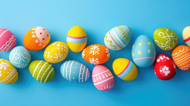 A vibrant array of colorful Easter eggs set against a blue backdrop