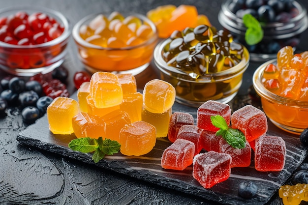 A vibrant array of colorful fruit jelly candies artfully arranged