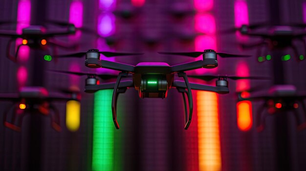 Photo a vibrant array of drones illuminated by colorful lights showcasing advanced technology in a captiva