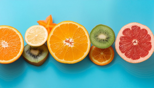 A vibrant array of freshly sliced fruits arranged neatly on a vivid blue backdrop