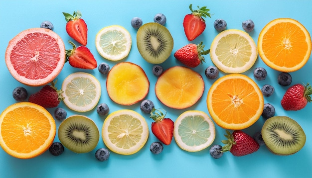 A vibrant array of freshly sliced fruits arranged neatly on a vivid blue backdrop