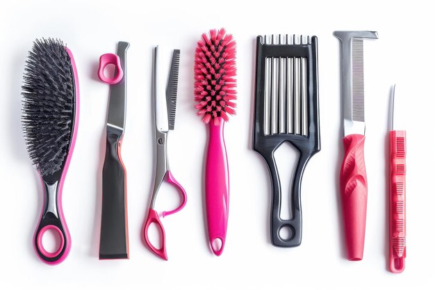 Photo a vibrant array of hairstyling tools displayed artistically on a clean surface perfect for creative hair transformations