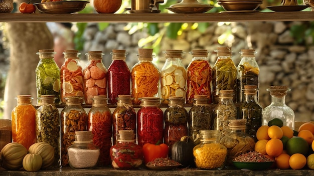 Photo a vibrant array of jars filled with various preserved vegetables and fruits is showcased on a wooden shelf surrounded by fresh produce in a sunlit market atmosphere