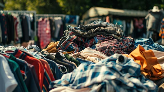 A vibrant array of secondhand clothes displayed at a bustling outdoor market