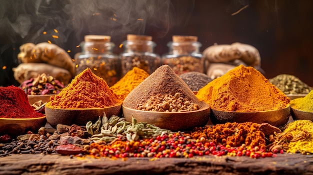 vibrant array of spices arranged into distinct piles that vary in color and size