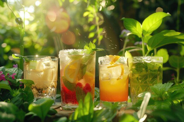 A vibrant array of summer drinks beautifully arranged on a garden table surrounded by green foliage