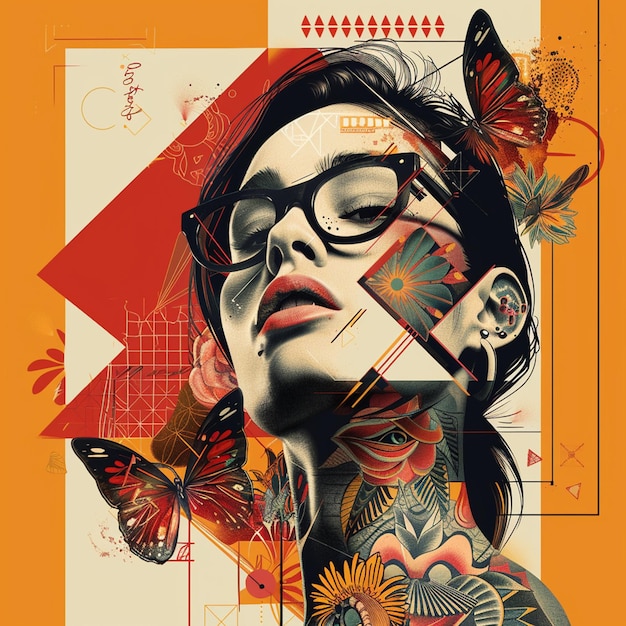 Vibrant Art Collage of Woman with Butterflies