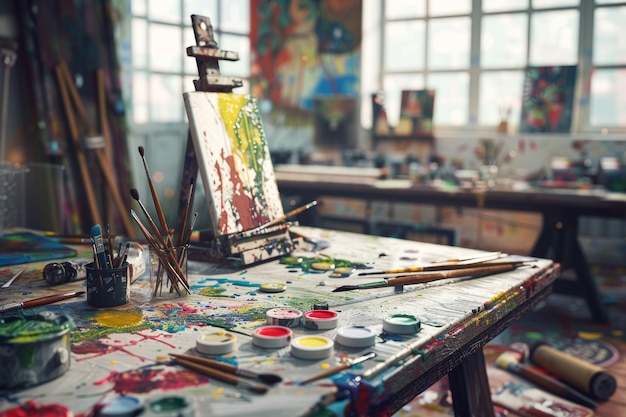 A vibrant art studio with an easel and paint supplies cluttering a workbench reflecting a creative and inspiring atmosphere bathed in natural light