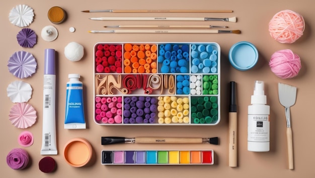 Photo vibrant art supplies arranged in a neat knolling layout perfect for creative projects