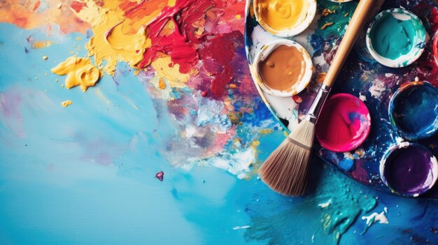 Vibrant artist palette with paint and brush creative chaos