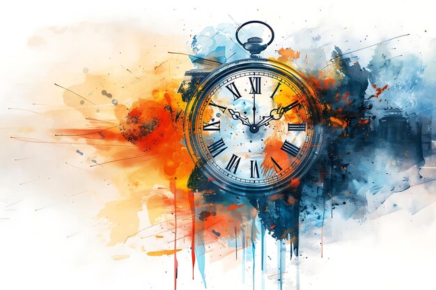 A vibrant artistic depiction of a clock amidst colorful splashes