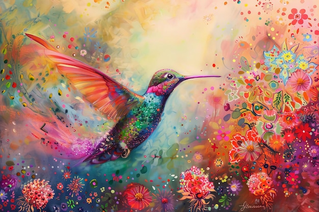 Vibrant artistic depiction of a colorful hummingbird surrounded by abstract blooming flowers in a luminous background