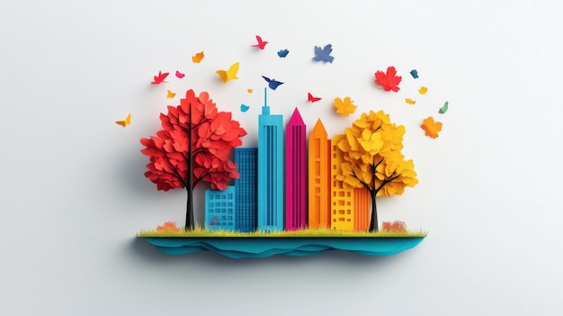 Photo a vibrant artistic paper cutout cityscape with red and yellow trees colorful buildings and flying butterflies against a white background