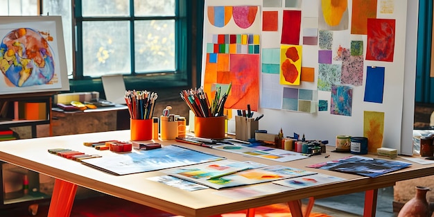 Photo vibrant artistic workspace filled with supplies