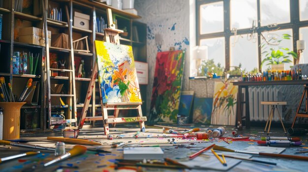 A vibrant artistis studio filled with colorful paints brushes and canvases showcasing a creative inspiring workspace bathed in natural light