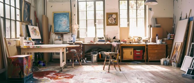 Photo a vibrant artists studio filled with painteris tools artworks and natural light streaming through large windows creating a lively and creative atmosphere