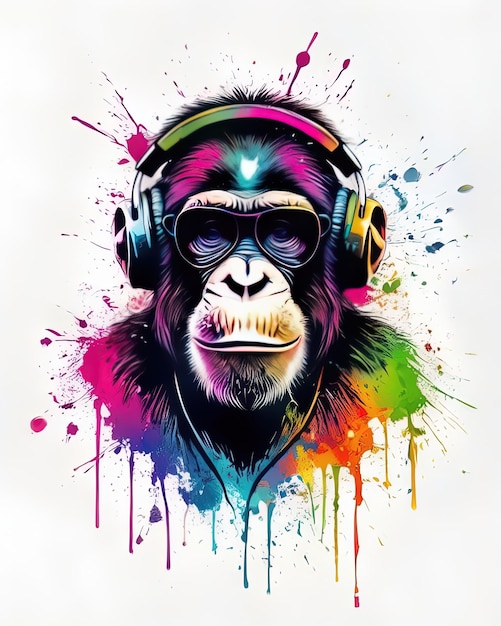 Vibrant artwork of a chimpanzee with headphones against a white backdrop Generate AI