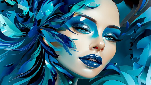 Vibrant artwork of a womans face with blue and turquoise floral patterns