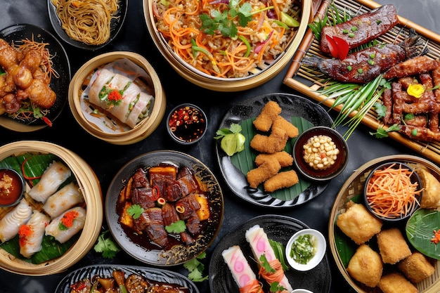 Vibrant Asian food spread with a focus on street food and traditional favorites Colorful Asian food display featuring a variety of street food and beloved traditional dishes