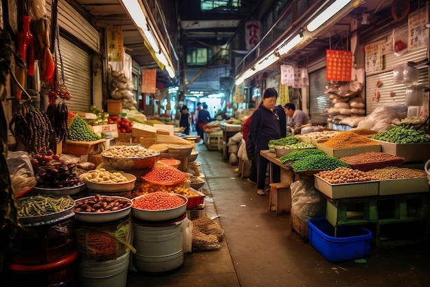 Vibrant Asian Market Cultural Diversity and Exotic Flavors Generative Ai