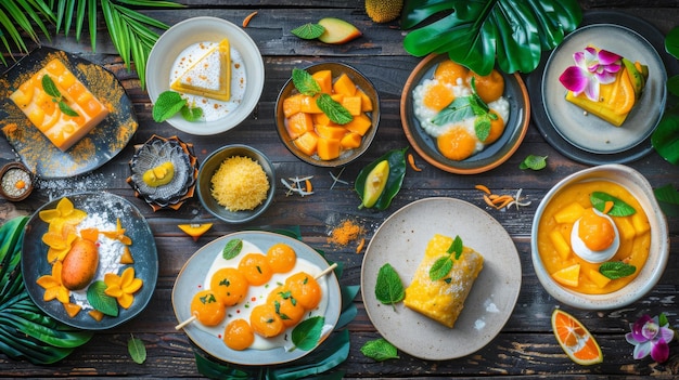 Photo vibrant assorted mango desserts on wooden table