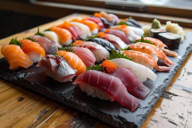 Vibrant Assorted Sushi Platter with Fresh Nigiri on Rustic Wooden Table