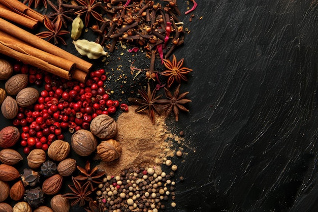 Vibrant Assortment of Aromatic Indian Spices and Herbs Featuring Peppercorns Star Anise