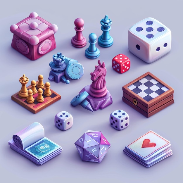 Photo a vibrant assortment of board game pieces including chess pawns dice and checkers