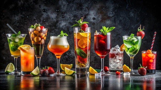 Vibrant Assortment of Colorful Cocktails in Elegant Glassware