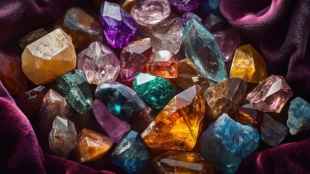 Photo a vibrant assortment of colorful gemstones displayed on a rich fabric background