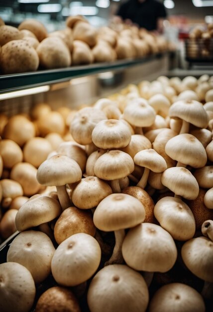 A vibrant assortment of fresh champignons fills a supermarket counter showcasing their smooth caps alongside other mushroom varieties inviting shoppers to select Generative AI