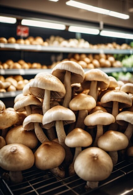 A vibrant assortment of fresh champignons fills a supermarket counter showcasing their smooth caps alongside other mushroom varieties inviting shoppers to select Generative AI