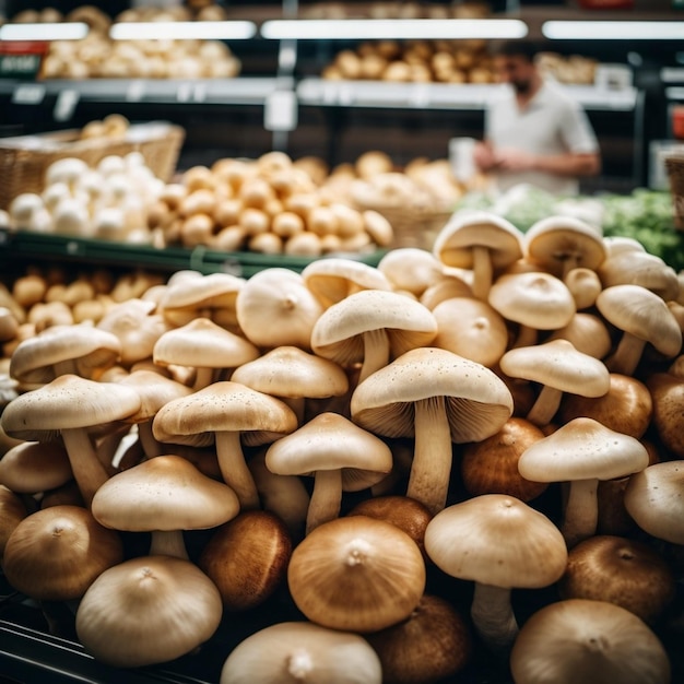 A vibrant assortment of fresh champignons fills a supermarket counter showcasing their smooth caps alongside other mushroom varieties inviting shoppers to select Generative AI