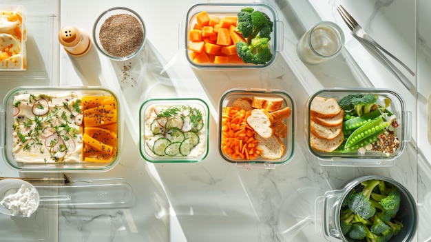 Photo a vibrant assortment of fresh healthy foods arranged in glass containers on a bright kitchen countertop illuminated by natural sunlight