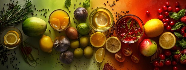 Photo vibrant assortment of fruits herbs and spices in warm lighting