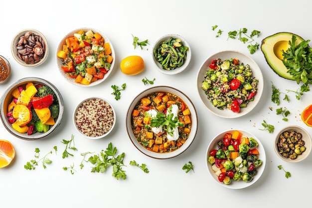 A vibrant assortment of healthy salads and fruits arranged artistically for a nutritious meal