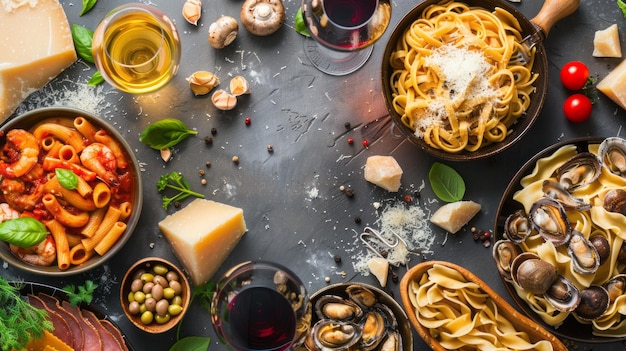 Photo a vibrant assortment of italian pasta dishes is presented on a rustic table showcasing shrimp pasta fettuccine cheeses and red and white wines finished with fresh herbs