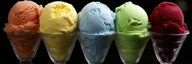 Vibrant assortment of multicolored ice cream cones with blank space for your text