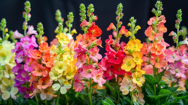 Vibrant Assortment of MultiColored Snapdragon Flowers Blooming in Spring against Dark Background